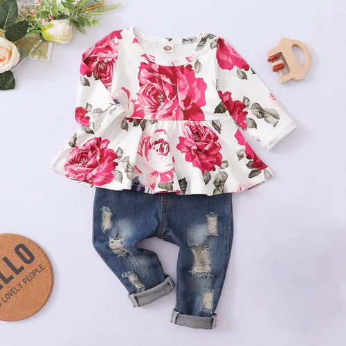 Miniatura 2 de XUANHAO Ropa de bebé niña de 12, 18 y 24 meses, trajes para niñas pequeñas, ropa de mezclilla con volantes, pantalones de mezclilla rasgados