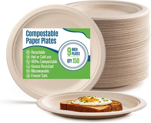 Miniatura 5 de Platos de papel blanco, 7 pulgadas, 150 unidades, fibra de caña de azúcar de grado alimenticio, compostable y biodegradable, para microondas