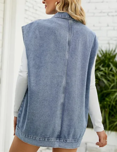 Miniatura 7 de Huaqiao Chaleco de mezclilla para mujer, chaqueta media larga, chaleco sin mangas con bolsillos