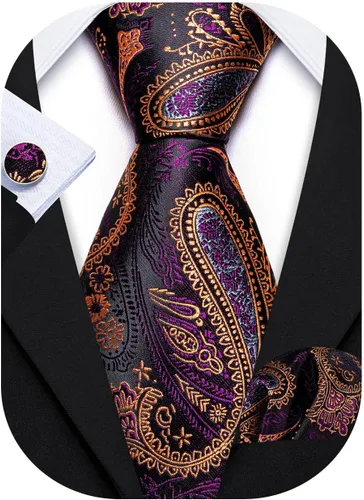 Miniatura 131 de Barry.Wang - Juego de corbata de seda para hombre, diseño de cachemira, pañuelo y gemelos de bolsillo