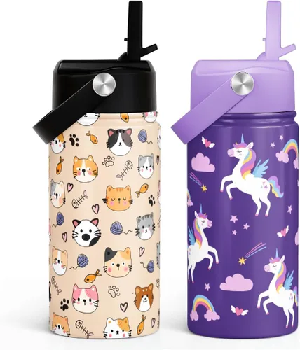 Miniatura 23 de SANDJEST Botella de Agua para Niños con Tapa de Pajita - 12 Oz Botella de Acero Inoxidable Aislada con Dibujo de Animales para Niños y Niñas - Taza