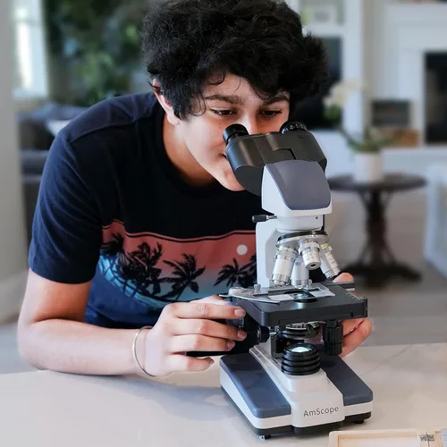 Miniatura 2 de AmScope Serie B120 Microscopio compuesto binocular LED para estudiantes y profesionales - aumento 40X-2500X - Incluye cámara USB de 3MP y cabezal