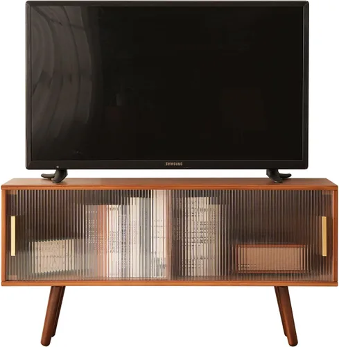Baveke Soporte de TV de bambú centro de entretenimiento, soporte de televisión moderno de mediados de siglo para televisores de 50-55 pulgadas,