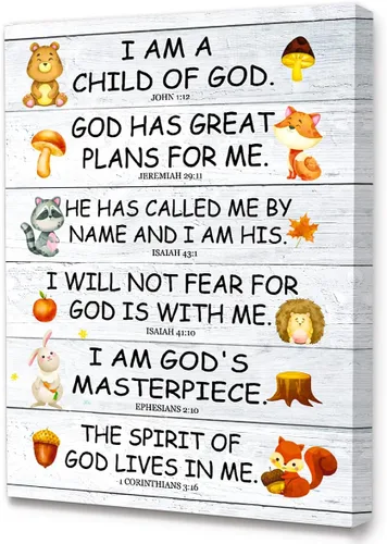 LISTNGBO Lienzo con versículos bíblicos para niños, arte de pared con escritura "Soy hijo de Dios", decoración de pared religiosa cristiana, listo