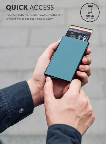 Miniatura 2 de VULKIT - Cartera desplegable, tarjetero delgado y minimalista para hombres y mujeres con bloqueo RFID, mini estuche de metal, Verde esmeralda, S