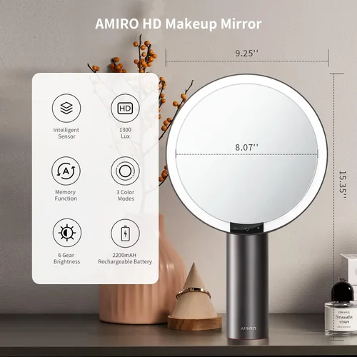Miniatura 5 de AMIRO Espejo de maquillaje iluminado de 9" con sensor inteligente y control táctil, 3 colores y 6 niveles de brillo, recargable e inalámbrico, Negro