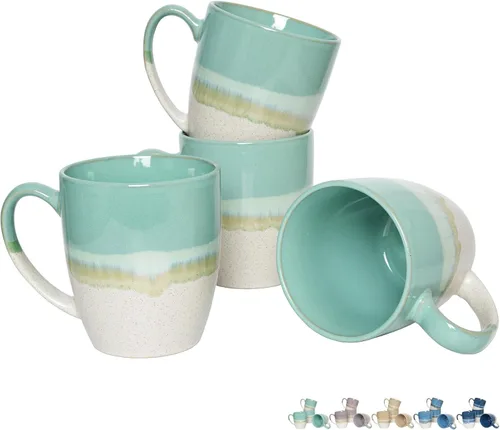 Bosmarlin Juego de 4 tazas de café de cerámica, 17 oz, tazas de café con asa grande, aptas para microondas, esmalte reactivo único Verde menta