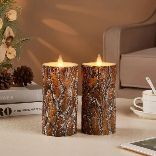 Miniatura 8 de Velas de pino sin llama en pilar parpadeantes con temporizador remoto, velas LED de cera real con llama en movimiento 3D operadas por batería, juego
