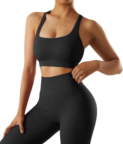 Miniatura 5 de OMKAGI Conjunto de entrenamiento acanalado para mujer, sin costuras, brasier deportivo con tiras y levantamiento de glúteos