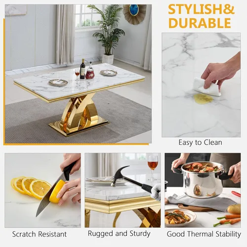 Miniatura 7 de Moderno juego de mesa de comedor de mármol para 4, juego de mesa de comedor de lujo para 4, mesa de comedor de mármol sintético de 68 pulgadas