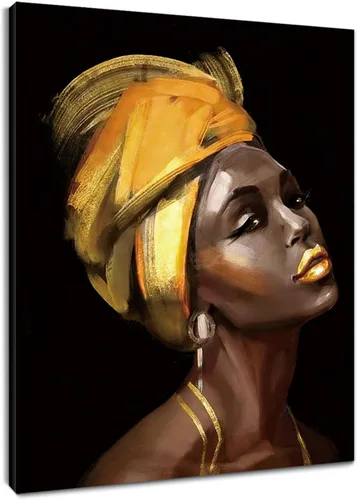 LB Arte de pared de mujer afroamericana, mujer negra con cabello dorado, impresiones de pintura abstracta, belleza moderna negra y dorada para sala