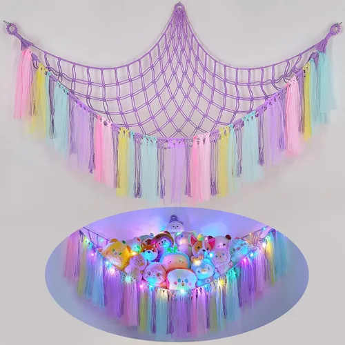 Miniatura 22 de FIOBEE Red de Animales de Peluche o Hamaca con Luz LED, Hamaca de Juguetes Colgante Organizador de Almacenamiento Soporte para Animales de Peluche