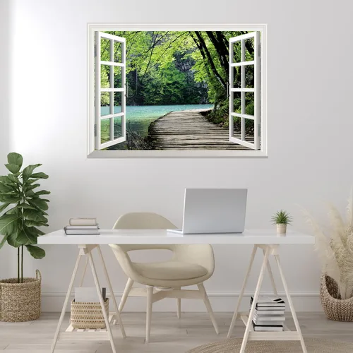 Miniatura 4 de wall26 Ventana blanca mirando hacia fuera en un puente junto a un lago rodeado de árboles, mural de pared, calcomanía extraíble, decoración