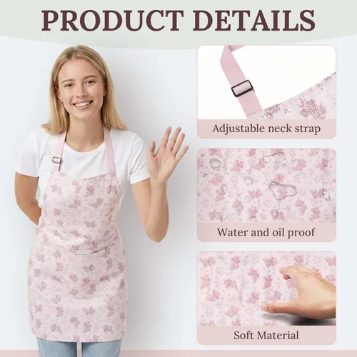 Miniatura 3 de Kitchen Apron, Double Sided Floral Adjustable Waterproof Apron with 2 Pockets for Baking, Salon, BBQ for Mom Wife