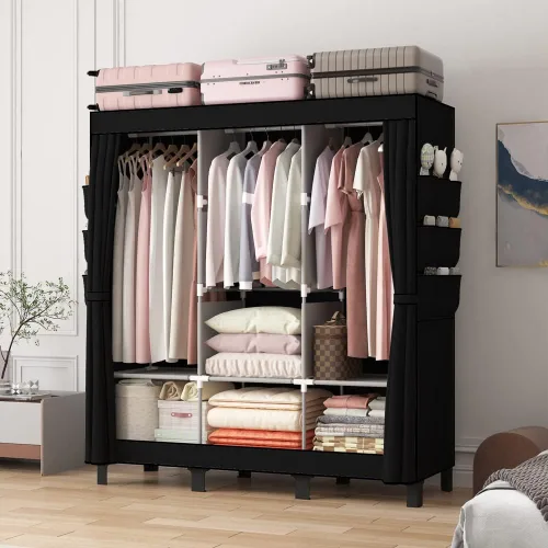 Miniatura 2 de Armario portátil, caja de almacenamiento de ropa, armario simple para colgar ropa, múltiples estantes y 3 barras, 6 bolsillos laterales (negro)