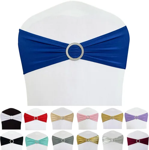 Miniatura 23 de Cintas elásticas de elastano para sillas 50 unidades, lazos elásticos para sillas con hebilla deslizante para decoración de bodas, fiestas, Azul bebé