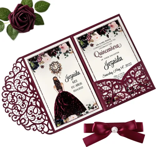 DORIS HOME 50 invitaciones personalizadas de quinceañera burdeos | Bolsillo hueco de rosa cortado con láser, 4.7 x 7 pulgadas, con sobres,