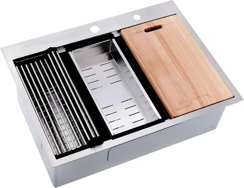 Miniatura 11 de Fregadero de cocina de 33 x 19 pulgadas, estación de trabajo de montaje superior, de acero inoxidable calibre 16, fregadero de cocina de un solo