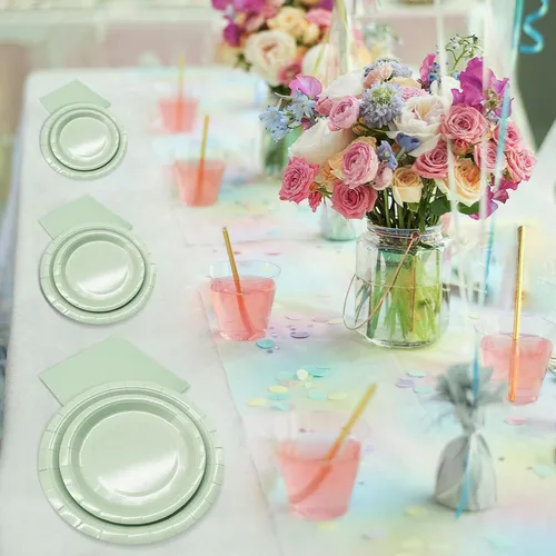 Miniatura 5 de Platos de papel verde salvia, 100 unidades, 50 platos de postre de papel verde salvia + 50 servilletas, platos desechables para fiesta de cumpleaños