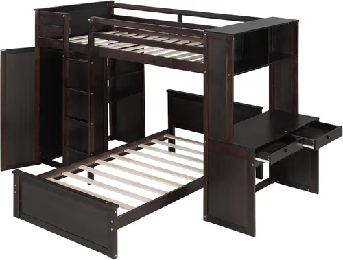 Miniatura 4 de Litera individual sobre individual con escritorio, armario y estantes, marco de cama tipo loft de madera maciza con una cama independiente, literas