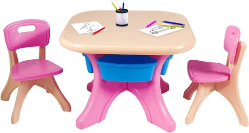 Honey Joy Juego de mesa y silla para niños, mesa de actividades de plástico para niños y 2 sillas con contenedores de almacenamiento, juego de Rosa