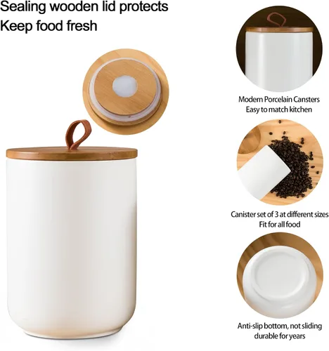 Miniatura 2 de Juego de recipientes blancos para cocina, 3 recipientes de cerámica con tapa de madera hermética, tarro de almacenamiento de alimentos, recipientes