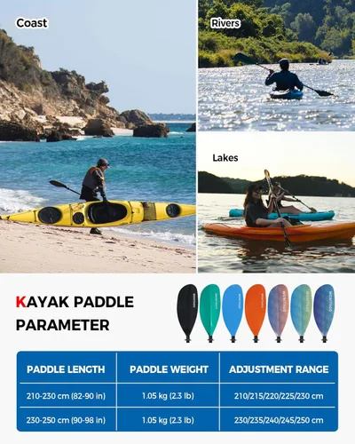 Miniatura 6 de Remo de kayak con eje de fibra de vidrio y hoja de nailon reforzado, remos de kayak ajustables, 3 piezas, 90.6-98.4 in/90-98 pulgadas, 82.7-90.6