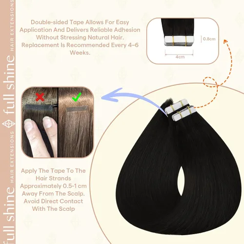 Miniatura 4 de Full Shine - Extensiones adhesivas de cabello Remy de 10 pulgadas, extensiones de cabello humano color negro desteñido de 1.06 oz, extensiones