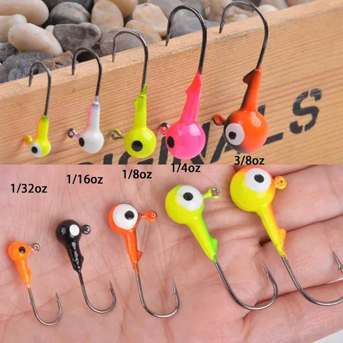 Miniatura 7 de 30 piezas de anzuelos de pesca con cabeza de bola redonda con ojos 3D Crappie jig señuelo pintados ganchos para lubino crappie lubino trucha agua