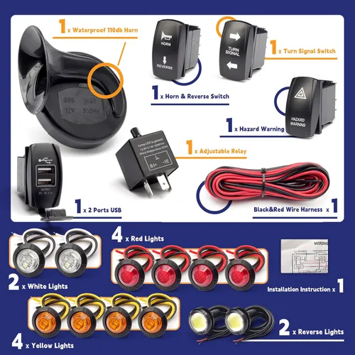 Miniatura 3 de Kit universal de señal de giro ATV UTV SXS para calle con intermitente, bocina de 110DB, luz de marcha atrás, interruptor basculante, USB, relé