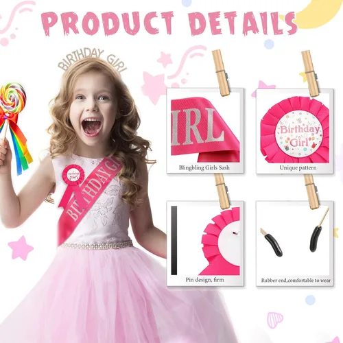 Miniatura 3 de Geosar Juego de corona y disfraz de cumpleaños para niña, medalla de cinta, diadema de diamantes de imitación dorados, regalos para mujeres, niños