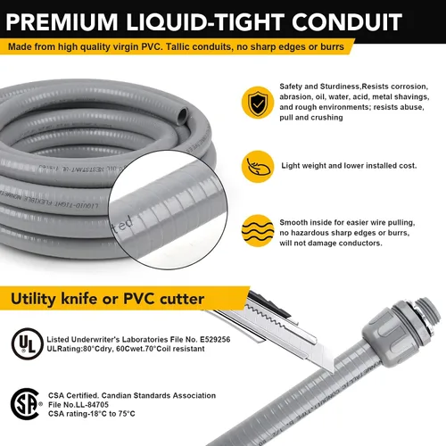 Miniatura 3 de Kit de conducto y conector hermético a líquidos de 3/4 pulgadas y 50 pies, kit de conducto eléctrico flexible no metálico hermético con 5 conectores