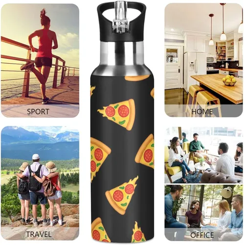 Miniatura 5 de Cartoon Slices Pizza Black Stainless Steel Vacuum Insulated Water Bottle 20 Oz, BPA-Free Sports Water Bottle Leakproof Water Bottles