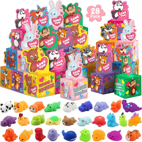 SURCVIO Paquete de 28 regalos para el día de San Valentín para niños, juego de recuerdos de fiesta Mochi Squishies con cajas de tarjetas de