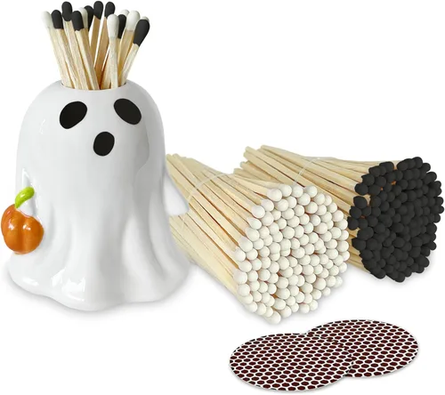 Miniatura 9 de Fósforos naranja y negro de 4 pulgadas y fantasma de Halloween + calcomanías de Striker incluidas. 100 coincidencias decorativas de seguridad con un