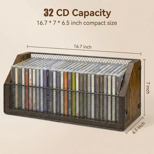 Miniatura 4 de Estante de almacenamiento de CD, organizador de CD de madera con capacidad para 64 CD (32 cada uno), estante retro para CD de escritorio, perfecto