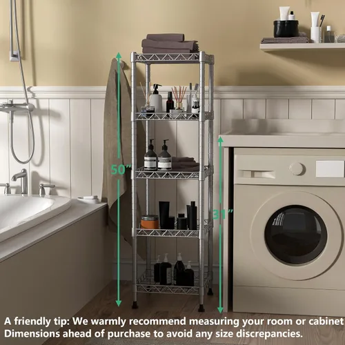 Miniatura 5 de GIOTORENT Estantería Metálica de Pie de 5 Niveles, Unidades de Estante de Alambre de Altura Ajustable, Rack de Exhibición para Lavandería Baño Gris