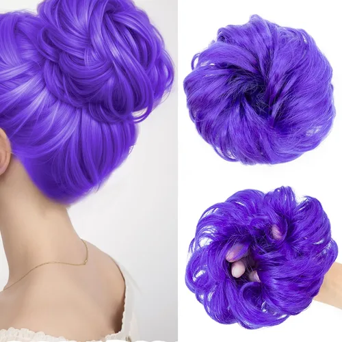 Miniatura 8 de Pieza de cabello de moño desordenado, piezas de cabello azul para mujeres y niñas, extensiones de cabello sintético ondulado y rizado, coletero