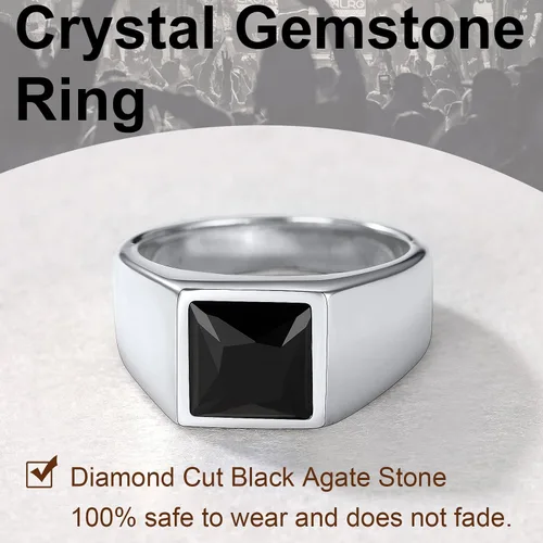 Miniatura 4 de U7 Anillo de joyería de moda de ónix negroazul para hombres y mujeres, anillos de sello cuadrado de acero inoxidable para papá y padre, anillos