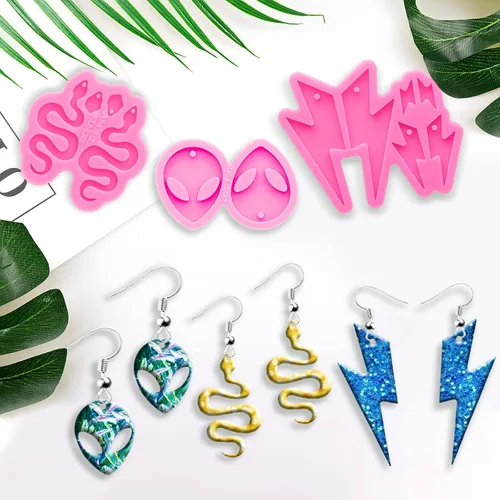 Miniatura 6 de Kit de 103 moldes de resina para aretes, 3 moldes de silicona para joyería de resina, moldes de fundición epoxi con ganchos para aretes para aretes