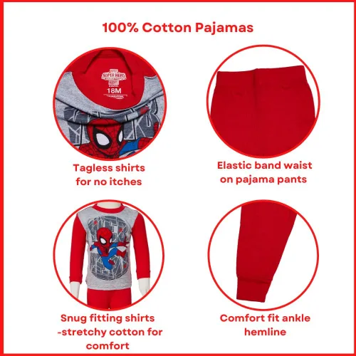 Miniatura 6 de Marvel Spiderman Pajamas Set, 4 Piece Sleepwear for Toddlers and Little Kids, Sizes 18M & 2T