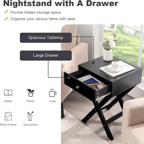 Miniatura 5 de Giantex Mesita de noche con cajón, mesa auxiliar en forma de X, mesa auxiliar moderna para sofá, mesa de noche multifuncional para el hogar, sala