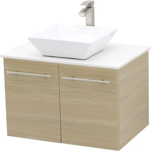 Juego de lavabo flotante para montaje en pared. Tocador tostado, fregadero de cerámica para encimera de piedra plana blanca, 24 pulgadas