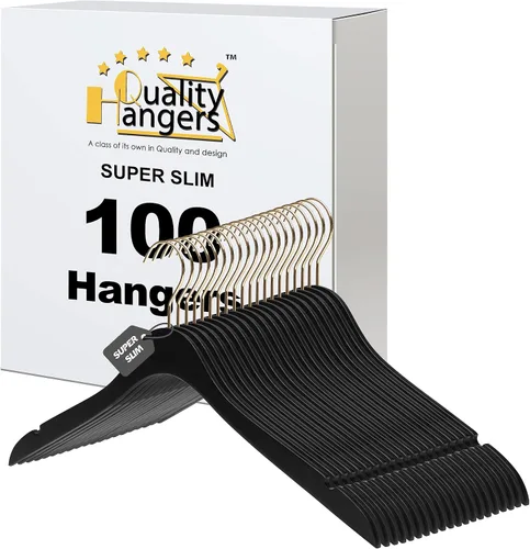 100 perchas de madera negras ultra finas de 16.5 pulgadas que ahorran espacio, gancho giratorio de 360 grados, lo mejor para trajes, perchas para