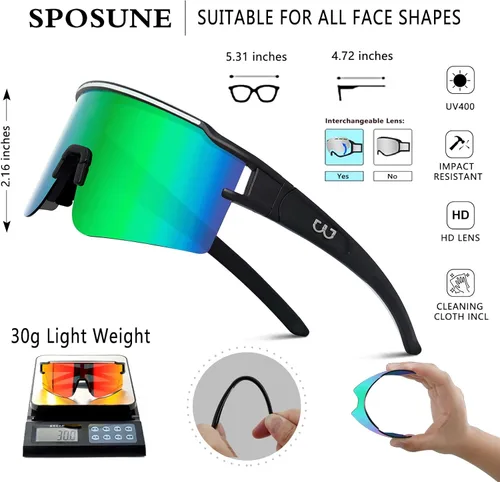 Miniatura 5 de SPOSUNE Gafas de ciclismo polarizadas con 3 lentes intercambiables para mujeres y hombres, TR90 gafas de sol deportivas para correr y béisbol 3