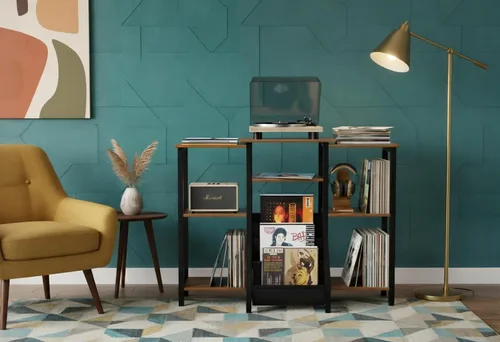Miniatura 5 de Soporte para tocadiscos con almacenamiento de vinilo, armario giratorio alto de 36 pulgadas con almacenamiento, mesa moderna de tocadiscos