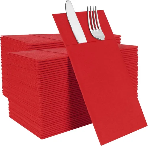 Miniatura 11 de Servilletas rojas desechables con sensación de lino con bolsillo integrado para cubiertos, preplegadas para cuchillos y tenedores, servilletas
