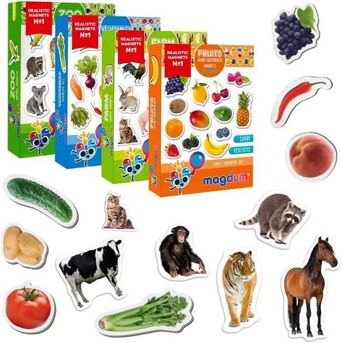 Imanes de nevera para niños pequeños – magdum – Juego de 85 juegos zoológico + granja + fruta + verdura – Animales magnéticos reales para