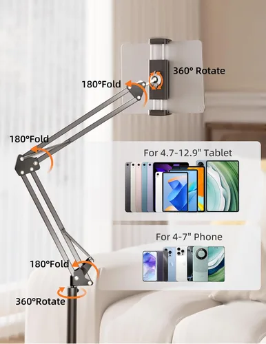 Miniatura 6 de Soporte de piso para tableta con base de metal pesado de 4.5 libras, soporte de teléfono elevado sobre la cama con ángulo y altura ajustables