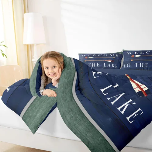 Miniatura 5 de Juego de edredón Twin de casa del lago para niños, juegos de ropa de cama retro de madera con remo para niños, adolescentes y adultos